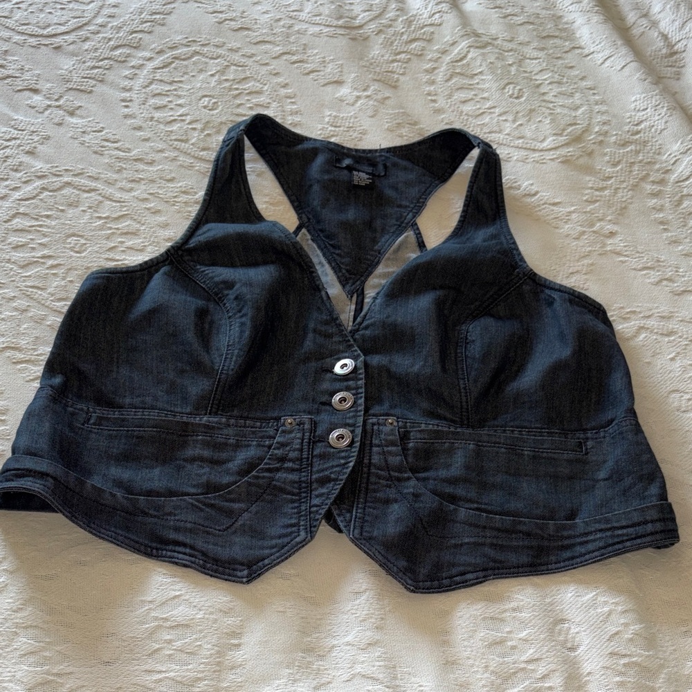 Ashley Stewart Vintage Women’s Denim Crop Vest - Dark Blue Button Front EUC 20W